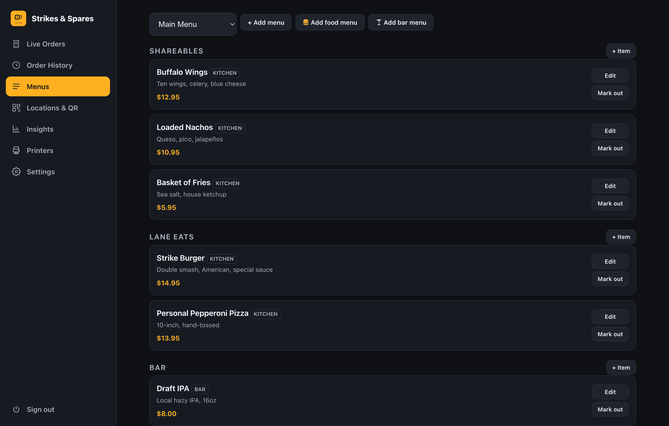 The LaneTab operator console — managing the live menu, prices, and stations