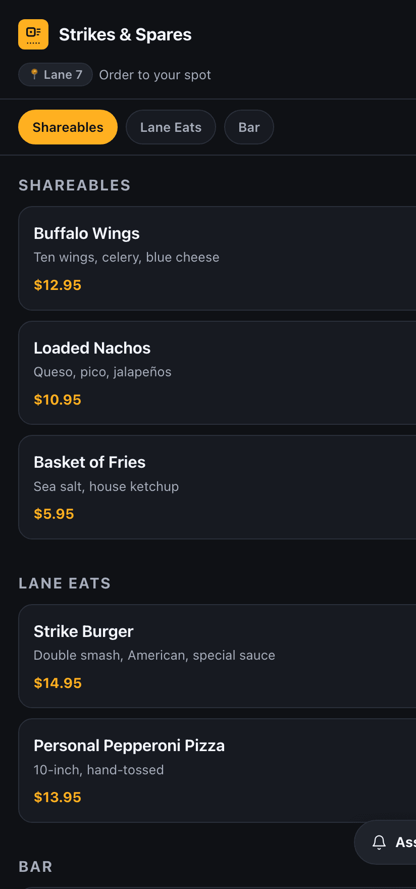 A guest ordering food and drinks on their phone at Lane 7 with the LaneTab menu