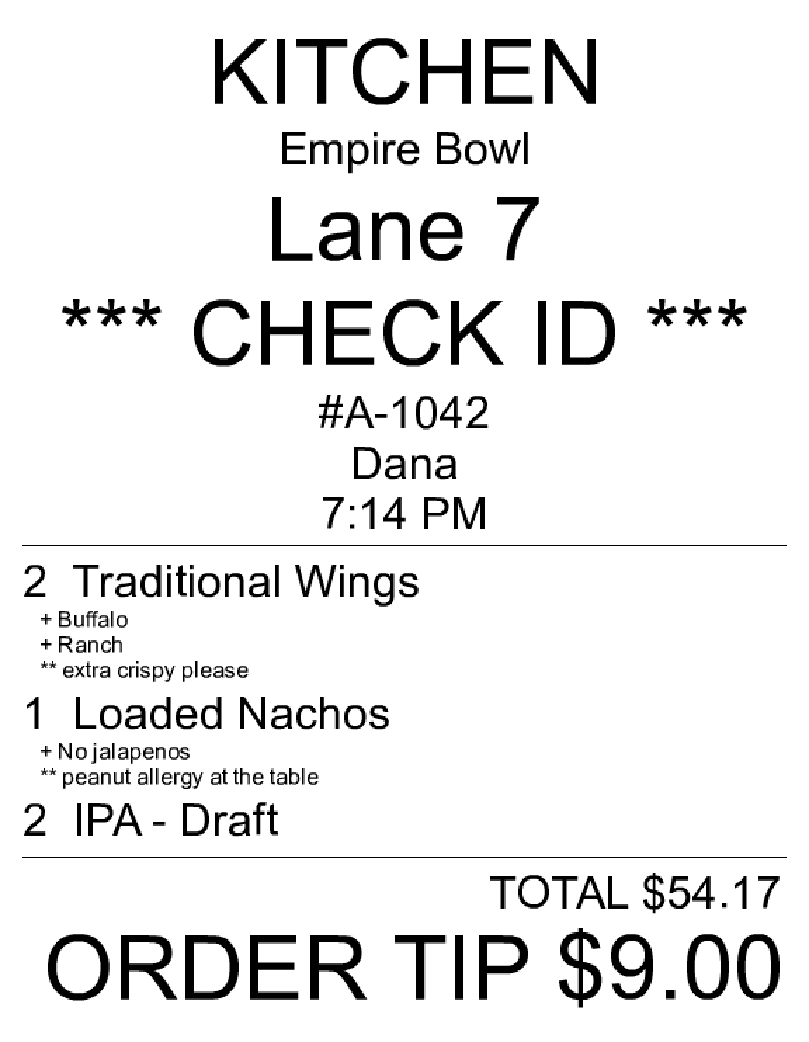 The printed kitchen chit LaneTab produces: station, lane, ID check, items with modifiers and guest notes
